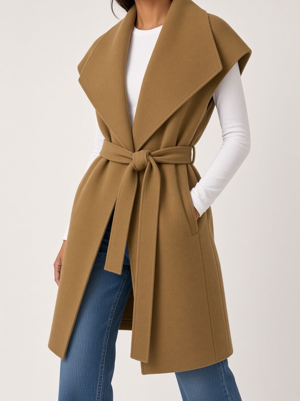 Michael Kors Camel Sleeveless Wrap Vest with Tie Belt - Women